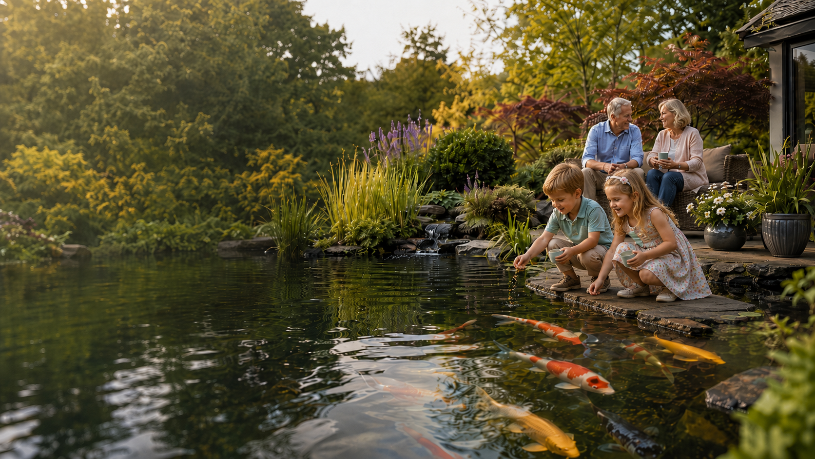 Family enjoying an established garden koi pond