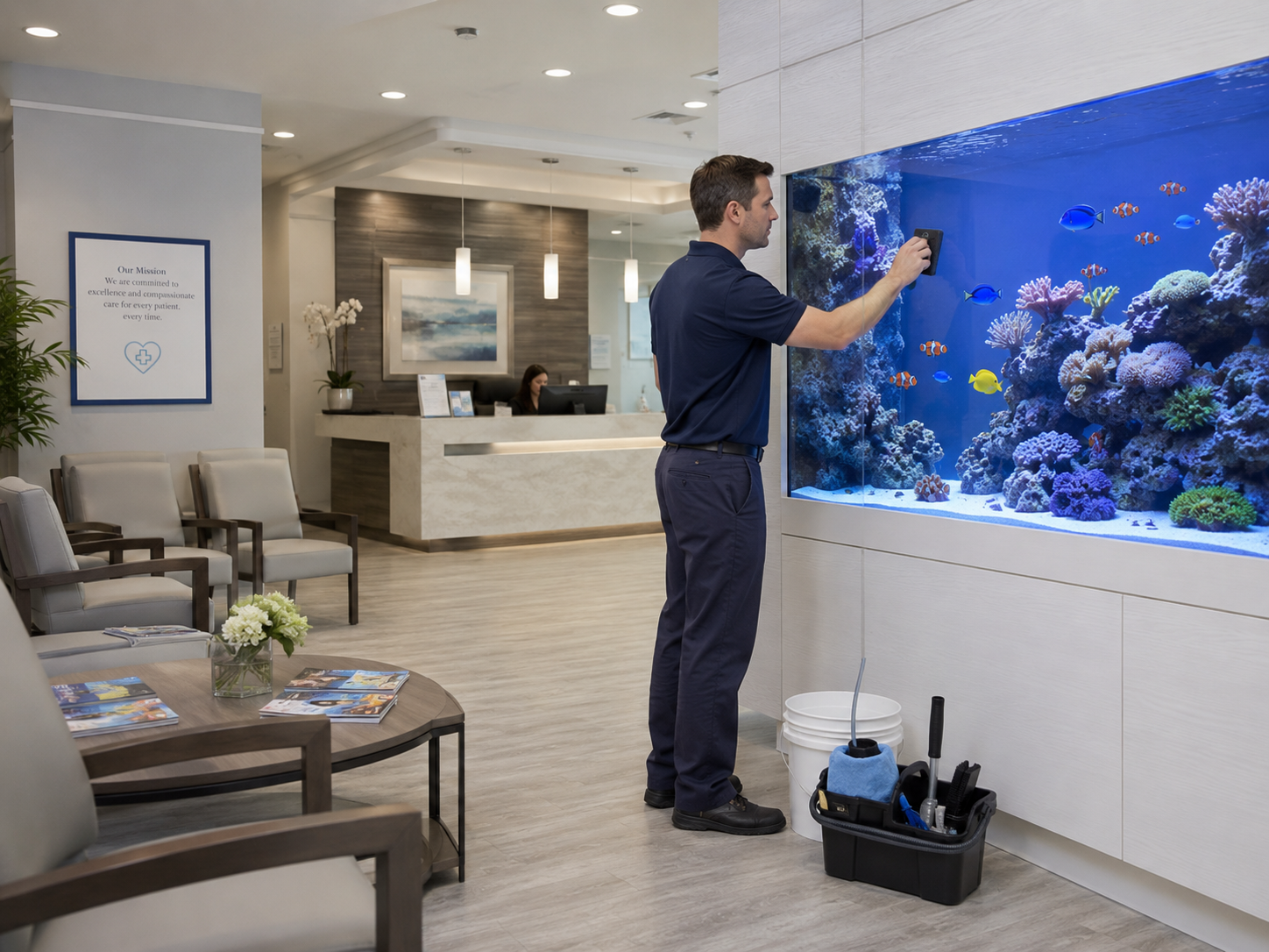 Professional commercial aquarium maintenance in a reception area