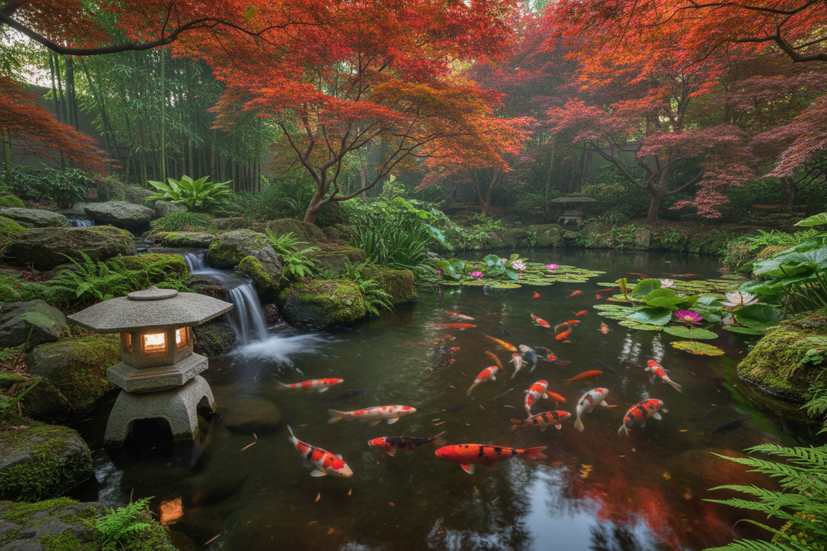 A serene Japanese-style garden pond with koi fish, mossy rocks, a stone lantern, and vivid red autumn trees overhead.