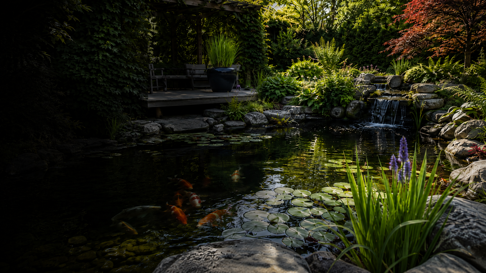Well-maintained garden pond with aquatic plants