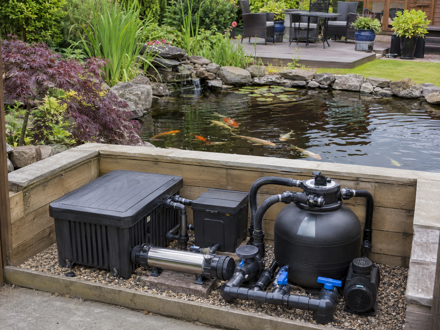Established pond with professional pond filtration equipment