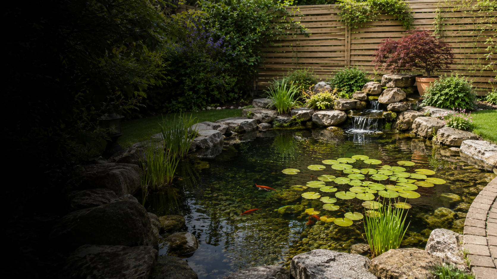 Established garden pond with koi and aquatic plants