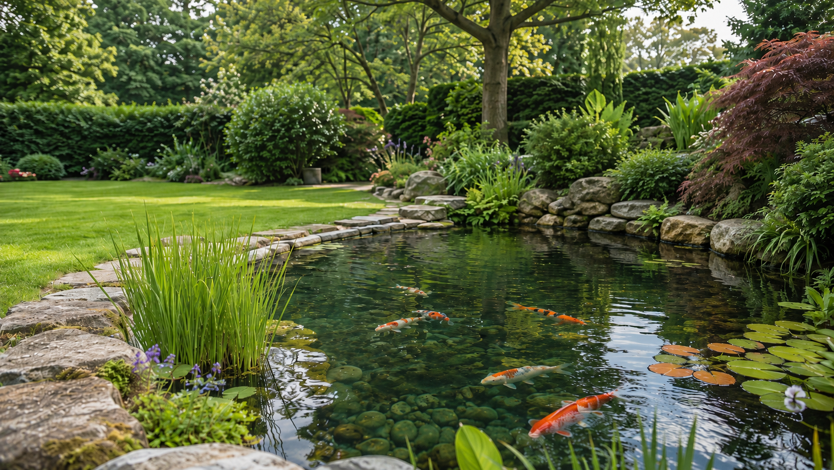 Established landscaped garden pond with koi